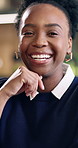 Happy, about us and face of black woman in office with confidence for finance career. Smile, professional and portrait of financial manager with pride for corporate job opportunity in workplace.