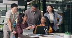 Manager, team and review in creative agency with laptop, talk and explain AI trend for marketing. People, discussion and planning in office with tech, online and digital innovation for advertising.