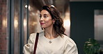 Business, walking or woman with arrival, punctuality or positive attitude in workplace routine. Corporate, stroll or mature employee with good mood, time management or office entrance at start of day