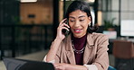 Laptop, happy woman and phone call in company for business, financial compliance or communication. Smile, person and consultant talking with tech, regulation or point for investment policy review