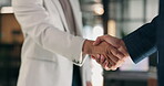 Hands, men and welcome with handshake in office for hiring offer, new recruit or finance vacancy. Corporate meeting, HR manager and candidate agreement for financial role, onboarding and opportunity