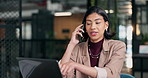 Laptop, woman and phone call in company for business, financial compliance or communication. Mobile, person and consultant with computer for talking, regulation or point for investment policy review