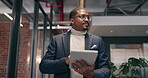 Tablet, thinking and walking with business man in office corridor for planning or research. Agenda, app and schedule with happy employee in workplace hallway for digital report or online review