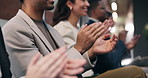 People, meeting or hands with applause for business success, presentation or seminar together. Group, employees or audience clapping in row for corporate workshop, speech or conference in workplace