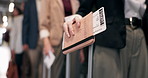 Hands, people and waiting with suitcase, passport or ticket for business travel, trip or migration. Employees, group or travelers with luggage in row or line for flight, commute or job opportunity