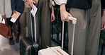 Hands, people and waiting in line with suitcase for business travel, work trip or migration. Employees, colleagues or travelers with passport or ticket in row for flight, boarding or job opportunity