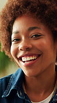 Happy, woman and relax in nature with face, peace and calm  morning for stress relief. Portrait, African person and laughing outdoor for day off, positive attitude and good mood for weekend break