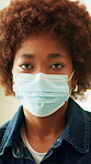 Woman, face and mask for virus prevention with healthcare, safety and caution for viral infection. Black person, portrait and facial cover for compliance, sick or stop spread of respiratory germs