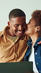 Couple, kiss and relax on sofa with laptop, bonding together and conversation for movie on weekend. Happy, black people and affection in home with computer, relationship or discussion for film choice