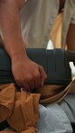 Bag, hands and packing with person in home bedroom for holiday or travel preparation. Closing suitcase, effort and getting ready with tourist closeup in apartment for getaway, trip of vacation