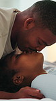 Love, couple and kiss in home with care, trust and relationship commitment with happy partner. Smile, black man and woman with romantic moment at bedroom, affection and admiration with support