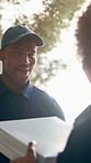 Pizza, man and customer service with door delivery for fast food, takeaway or meal transportation in home. Male person, courier guy or drop off with boxes, package or parcel for snack time in house