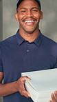 Face, box and black man with pizza delivery for online order, snack time or meal transportation. Portrait, male person or happy package with smile or parcel for fast food, takeaway or courier service