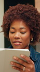 Happy, tablet and digital signature with boxes for door delivery, shipping or transportation. Black woman, signing or smile with technology for package confirmation, verification or courier service