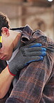 Carpentry, hands and man with arm pain from muscle fatigue, manual labor and repetitive strain. Overworked, carpenter and massage tendon ache with discomfort, woodworking accident and injury on duty