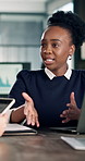 Woman, talk and laptop in office with meeting, data analysis and explain AI tools for productivity. People, discussion or advice in business with graphs, stats or tech innovation for efficiency goals