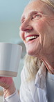 Thinking, coffee and old woman in house with laugh, funny thought and drink aroma with daydreaming. Happy, smell and elderly person with warm beverage, humor mindset and reflection in retirement.