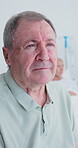 Sad, hospital and old man visit sick patient with bad news, diagnosis and nurse for results. Senior person, unhappy and thinking with worry, concern and stress for terminal illness of wife in bed