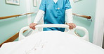 Hands, walking and nurse with bed in hospital for operation, icu or ER healthcare in hallway. Rush, woman and medical worker with stretcher for surgery, treatment or support in clinic corridor.