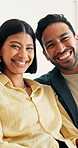 Face, couple and relax at house with smile, love and partner admiration for bonding together. Portrait, people and laugh in home with affection, connection and marriage commitment for weekend unwind