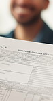 Smile, people and application on document for home insurance, required information and registration. Paperwork, legal agreement and client in office with contract, liability cover and future security