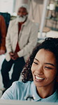 Woman, smile and presentation for team in office, brainstorming and planning for marketing strategy. Creative, writing and person with ideas for brand awareness, discussion and meeting in business