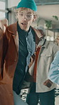 Group, celebration and dancing with team in office, graphic designer or happy for assignment success. Design, business and people with rhythm for achievement, collaboration and motivation for project