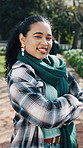 Crossed arms, face and woman outdoor at college with confidence for education, studying or learning. Happy, park and portrait of student with pride at university campus for growth or development.