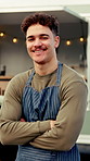 Happy, face and man at food truck outdoor for coffee shop, friendly service and welcome with crossed arms. Business, portrait and person with smile for mobile cafeteria, restaurant and vendor