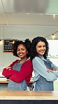 Happy, vendor and face of women at food truck for coffee shop, friendly service and welcome customers. Crossed arms, team and portrait of people smile for mobile cafe, restaurant and small business