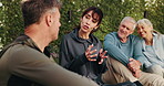 Fitness, nature and group of friends in conversation for bonding or planning exercise routine. Happy, health and mature people in discussion for wellness, support or workout together outdoor in park.