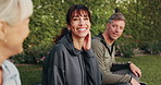 Fitness, outdoor and face of woman with friends in conversation for planning exercise routine. Happy, portrait and mature people in discussion for wellness, support or workout together in park.