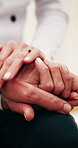 Empathy, holding hands and old woman for comfort, care or trust for assisted living in retirement. Senior person, caregiver and together for love, understanding and kindness or support and compassion