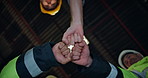 Below, hands and fist bump in warehouse for logistics collaboration, connection or motivation for job. People, teamwork or solidarity in workplace for supply chain management, synergy or cooperation.