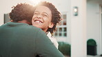 Children, friends and happy with hug at front door for holiday visit, excited reunion or welcome. Embrace, black boys and greeting outdoor at house for weekend playdate, social development and flare