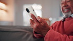 Hands, old man and relax at house with phone, social media and browsing website for online bingo. Happy, senior person or scroll in home with mobile, internet search and download games for retirement