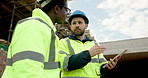 People, engineer and tablet at site for construction, inspection and planning for architecture. Team, meeting or pointing outdoor with digital, quality assurance and information for building progress