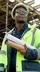 Architect, thinking or black man with blueprint on construction site for building safety or security. Thoughtful, male person or civil engineer with plan for property contract, development or project