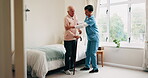 Help, caregiver and senior man with cane in home for healthcare, elderly support or wellness. Retirement, nurse and old person with patient care, homecare and lifting for mobility or recovery