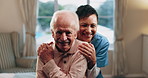 Face, hug and nurse with happy senior man in bedroom for healthcare, elderly support or wellness. Retirement home, female caregiver and funny old person with patient care, homecare and laugh
