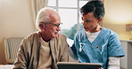 Caregiver, advice and old man in retirement home with tablet, support and test results for diagnosis. Nurse, talk and elderly person in bedroom with tech, healthcare report and rehabilitation update.