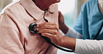 Caregiver, hands and old man with stethoscope for breathing evaluation, medical exam and assistance. Nurse, elderly person and equipment in retirement home for heart health, healthcare and wellness.