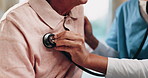 Caregiver, hands and senior man with stethoscope for breathing evaluation, medical exam or assistance. Nurse, elderly person and equipment in retirement home for heart health, checkup and wellness.