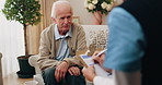 Nurse, clipboard and elderly man on sofa for assisted living, medical service and care in nursing home. Retirement, paperwork and caregiver with senior person for healthcare, support and help