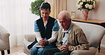 Caregiver, prayer and old man in nursing home with faith, Christian religion and ask God for healing. Nurse, senior person and worship Jesus in retirement with hope, spiritual belief and connection.