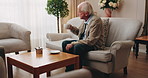 Senior, man and drinking tea in retirement home with thinking, contemplation or nervous for decision. Anxious, old person and warm beverage in living room with reflection, regret past or bad memories