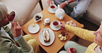 Friends, tea party and elderly people in home to relax together, gossip or share memory at reunion. Drink, retirement and women in lounge for socializing with nostalgia, talk and above at house visit
