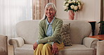 Wellness, face or senior woman in house with day off, positive attitude or optimistic for weekend break. Wellbeing, portrait or elderly person with good mood, confidence or happy moment in retirement