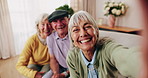 Elderly, face and friends with selfie in retirement home for bonding, photography or capture moment. Portrait, pensioner or senior group with smile for picture, social media post or memory together