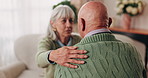 Elderly couple, hands and support with comfort in home for grief, loss and empathy in retirement. Safety, senior people and shoulder for sympathy, compassion and kindness with bonding, care and love